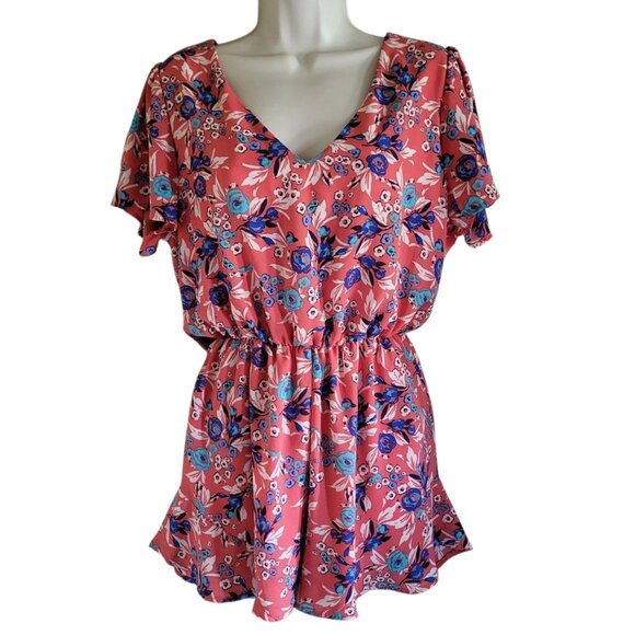 Everly Floral Lined Flutter Sleeve Open Back Boho Romper size S - Picture 2 of 14